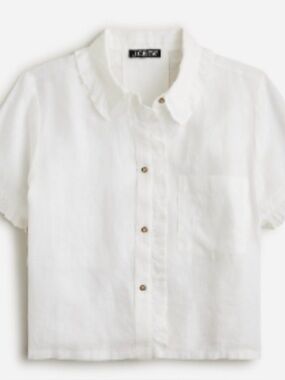 J. Crew White Linen Short-Sleeve Ruffle Button-Down Shirt